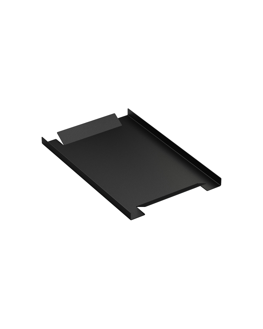 A black tray made from powdercoated aluminium with folded edges