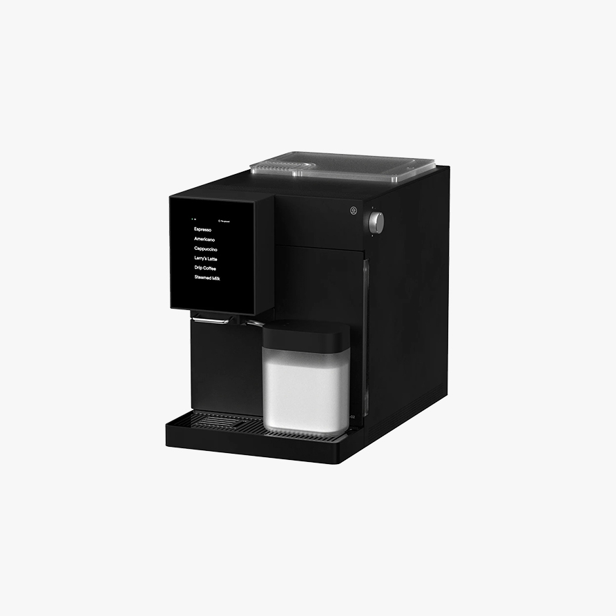 A black, minimalist, cube-formed coffee machine with a milk tank on the bottom right and display at its top right